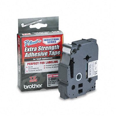 Imagen 1 del producto “Etiqueta plata continua laminada con adhesivo super resistente Brother TZES941 - de 18 mm de ancho x 8 mts de largo. Impresión en negro. ”