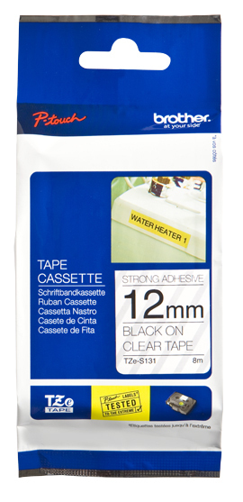 Imagen 1 del producto “Etiqueta clara continua laminada con adhesivo super resistente Brother TZES131 - de 12 mm de ancho x 8 mts de largo. Impresión en negro. ”