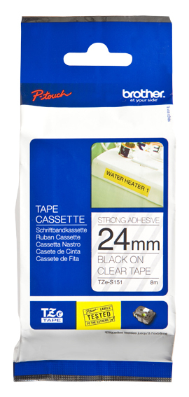 Imagen 1 del producto “Etiqueta clara continua laminada con adhesivo super resistente Brother TZES151 - de 24 mm de ancho x 8 mts de largo. Impresión en negro. ”