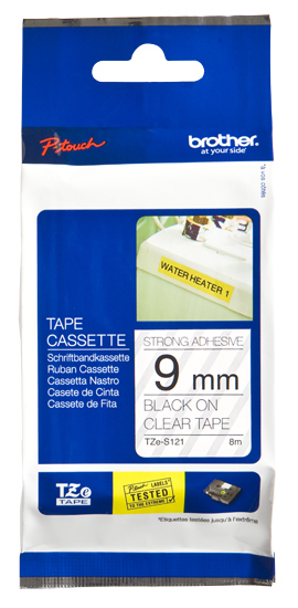 Imagen 1 del producto “Etiqueta clara continua laminada con adhesivo super resistente Brother TZES121 - de 9 mm de ancho x 8 mts de largo. Impresión en negro ”