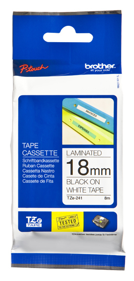 Imagen 1 del producto “Etiqueta blanca continua laminada Brother TZE241 - de 18 mm de ancho x 8 mts de largo. Impresión en negro. ”
