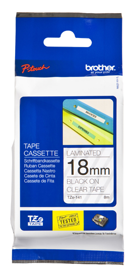 Imagen 1 del producto “Etiqueta clara continua laminada Brother TZE141 - de 18 mm de ancho x 8 mts de largo. Impresión en negro. ”