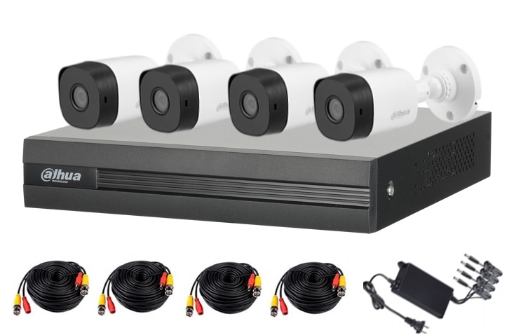 Imagen 1 del producto “DAHUA KITXVR1B04-I1MP-2.8 - Kit de 4 canales con cámaras B1A11 de 1 mp - lente de 2.8mm y  93°. Soporta 4 canales más 1 IP o hasta 5 canales IP, SMD ”