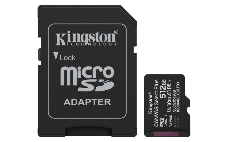 Imagen 1 del producto “MEMORIA MICROSD KINGSTON CANVAS SELECT PLUS GEN3 512GB R.150MB/S CL10 UHS-I U3 V30 A1 - ”