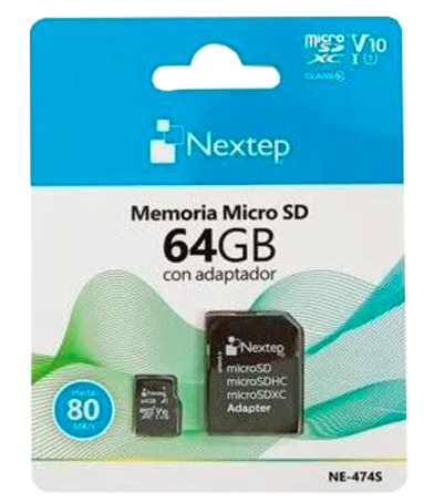 Imagen 1 del producto “Memoria Micro SD Nextep NE-474S  64 GB Color Negro Clase 10UHS U1 Con Adaptador - ”