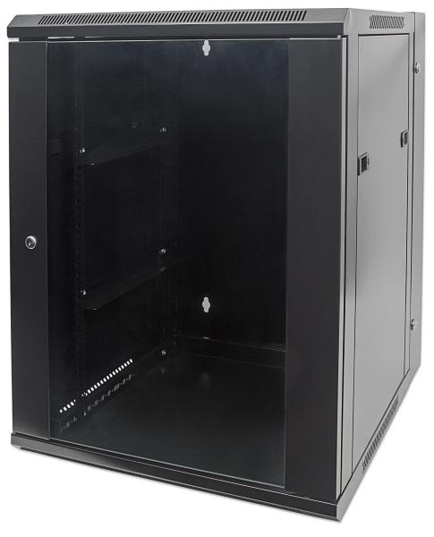 Imagen 1 del producto “Gabinete de red mural abatible 19 - 9U, Ensamblado, 600x550, 30 kg (66 lb.), Puerta de cristal templado, INTELLINET 711845 ”