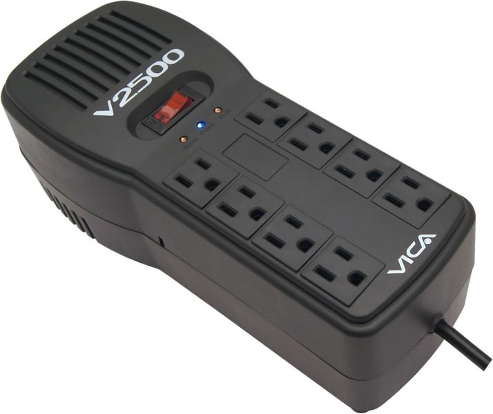 Imagen 1 del producto “Regulador VICA V2500 2500VA/1500W - Voltaje 120VCA /60Hz, breaker térmico, 8 tomas protegidas, indicadores LED, puertos RJ11/RJ45, empotrable en pared ”