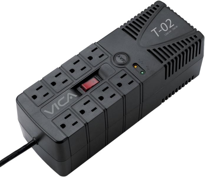 Imagen 1 del producto “Regulador VICA T-02 1200VA/700W - Voltaje 120VCA /60Hz, breaker térmico, 8 tomas protegidas, indicadores LED, puerto RJ11, empotrable en pared ”