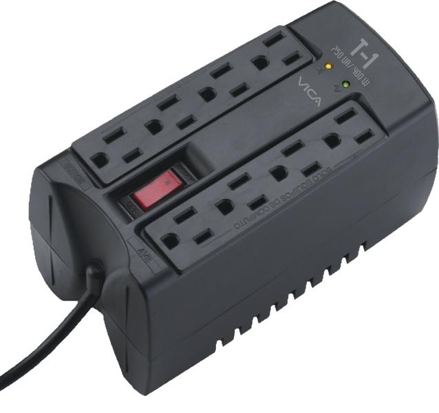 Imagen 1 del producto “Regulador VICA T1 750VA/400WATTS - Voltaje 120 VCA +/-10  60Hz - breaker térmico - 8 tomas protegidas - indicadores LED - empotrable en pared - ”