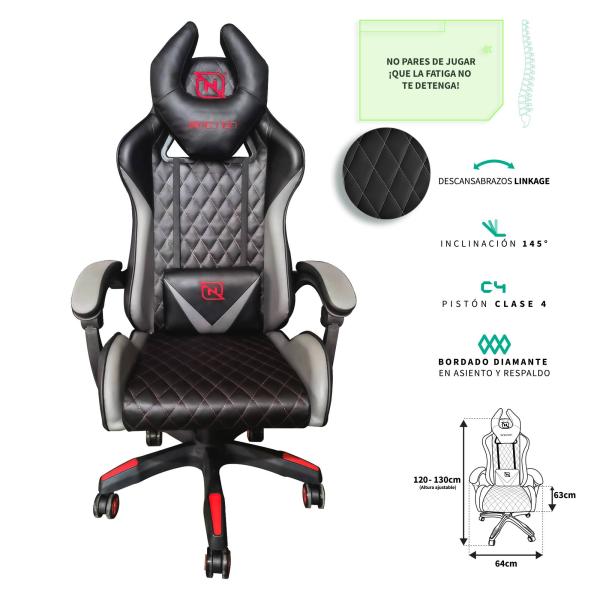 Imagen 1 del producto “SILLA GAMER INCLINACION RESPALDO 145° CLASE 4 140-150KG NGS-01 FOAM 350MM 63CM*64CM*121-131CM RUEDA 5 PULGADAS COJIN LUMBAR Y CABEZA GRIS/ROJO - ”