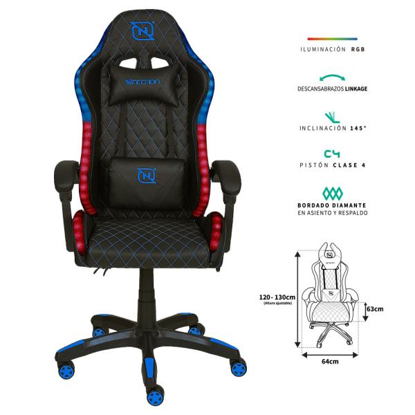 Imagen 1 del producto “SILLA GAMER RGB INCLINACION RESPALDO 145 CLASE 4 140-150KG NSG-RGB1 FOAM 350MM 63CM*64CM*121-131CM COJIN LUMBAR Y CABEZA NEGRO/AZUL - ”
