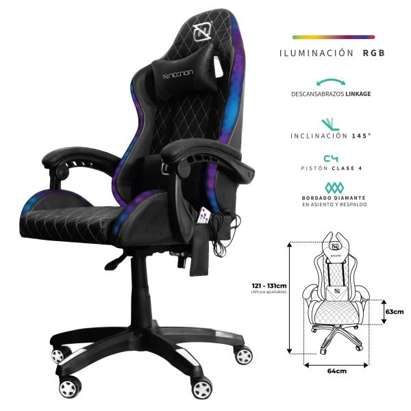 Imagen 1 del producto “SILLA GAMER RGB INCLINACION RESPALDO 145° CLASE 4 140-150KG NGS-01 FOAM 350MM 63CM*64CM*121-131CM RUEDA 5 PULGADAS COJIN LUMBAR Y CABEZA NEGRO/BLANCO - ”