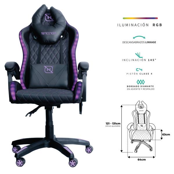 Imagen 1 del producto “SILLA GAMER RGB INCLINACION RESPALDO 145 CLASE 4 140-150KG NSG-RGB1 FOAM 350MM 63CM*64CM*121-131CM COJIN LUMBAR Y CABEZA NEGRO/ROSA - ”