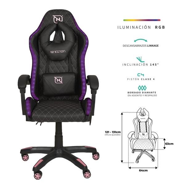 Imagen 1 del producto “SILLA GAMER RGB INCLINACION RESPALDO 145 CLASE 4 140-150KG NSG-RGB1 FOAM 350MM 63CM*64CM*121-131CM COJIN LUMBAR Y CABEZA NEGRO/FUSCIA - ”