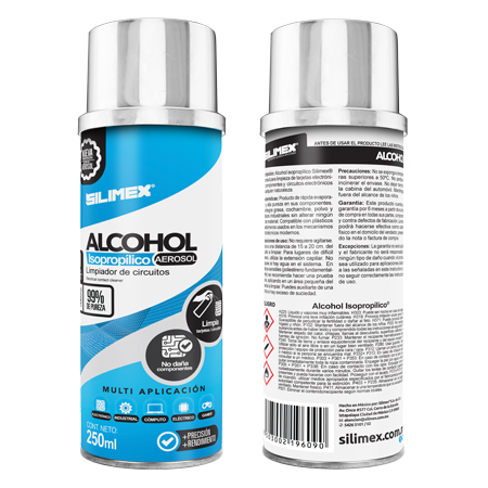 Imagen 1 del producto “Alcohol Isopropílico SILIMEX Aerosol Envase: 250 ml = 280gr. - Azul, Alcohol Isopropílico, Componentes Electrónicos ”