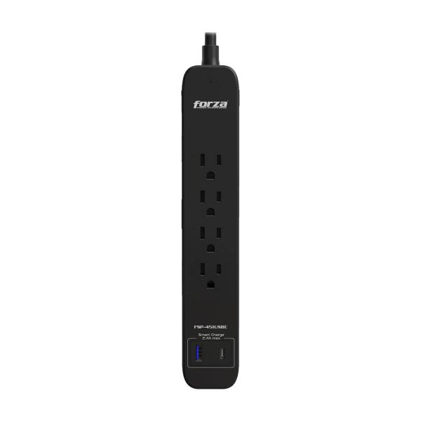 Imagen 1 del producto “Supresor de picos FORZA FSP-451USBCBK 4 Tomas NEMA 5-15R - 1 puerto USB-A, 1 USB-C, 500J, Pared, Negro. Capacidad de 1625W/13A. Garantía de por vida ”