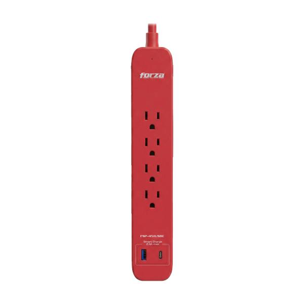 Imagen 1 del producto “Supresor de picos FORZA FSP-451USBCBK 4 Tomas NEMA 5-15R - 1 puerto USB-A, 1 USB-C, 500J, Pared, Rojo. Capacidad de 1625W/13A. Garantía de por vida ”