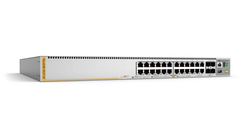 Imagen 1 del producto “Switch ALLIED TELESIS PoE+ Stackeable Capa 3 - 20 puertos 10/100/1000 Mbps + 4 x 100M/1G/2.5/5G-T + 4 puertos SFP+ 10 G, hasta 740 W. AT-X530-28GPXM-10 ”