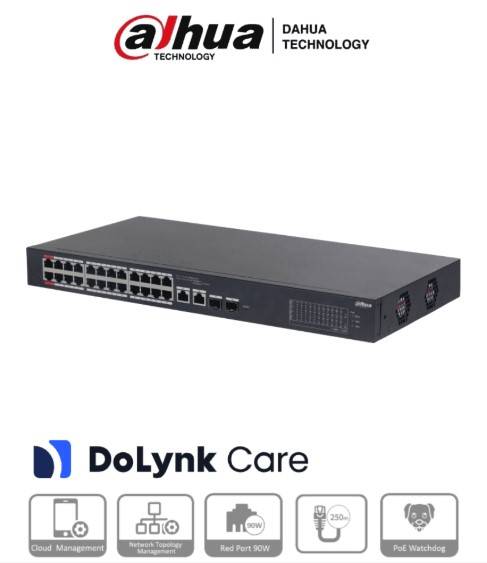Imagen 1 del producto “Switch PoE 26 Puertos - 24 Puertos PoE 10/100, 2 Uplink 10/100/1000+2 Puertos SFP, 240 Watts, Administrable en la Nube DoLynk Care, Switching 8.8 Gbps ”