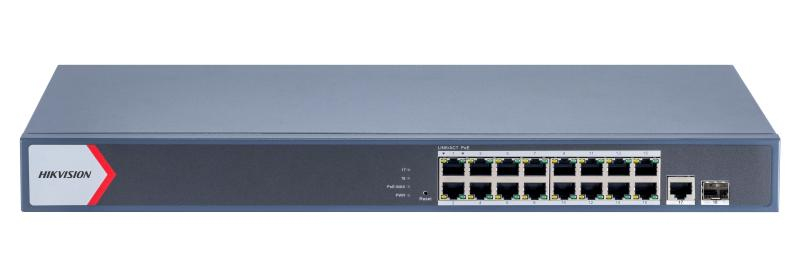 Imagen 1 del producto “Hikvision DS-3E1518P-EI/M - Switch Gigabit PoE+ Monitoreable, 16 Puertos 1000 Mbps PoE+ ”
