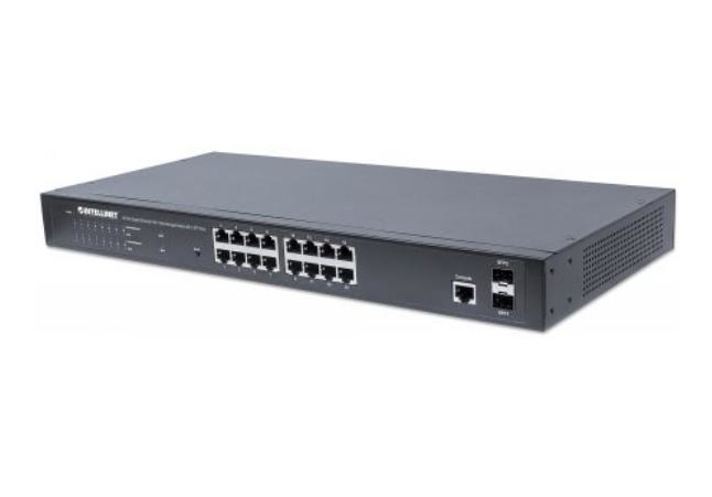 Imagen 1 del producto “Switch INTELLINET Administrable Gigabit Ethernet de 16 puertos PoE+ con 2 puertos - Negro, 260 W, 16 puertos, Cat5e, Cat6, RJ-45 ”