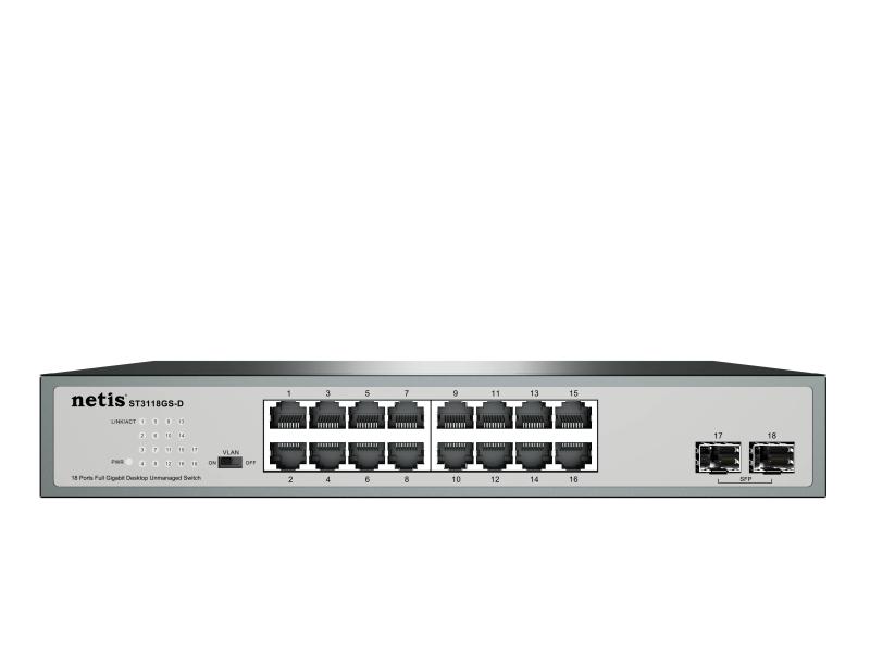 Imagen 1 del producto “Switch NETIS modelo ST3118GS-D - 16 Puertos y 2 Puertos SFP Gigabit, montable en rack, No administrable ”
