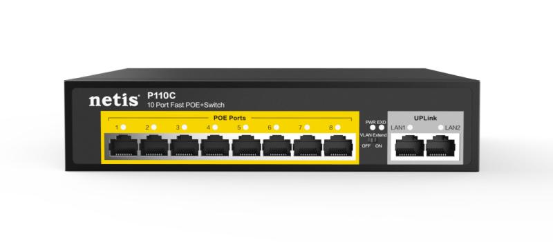 Imagen 1 del producto “Netis Switch POE P110C - 8 Puertos POE y 2 Puertos Uplink, 120W, 100 Mbps, Watch Dog, Plug   Play, 250 Mts de alcance en transmisión, No Administrable ”