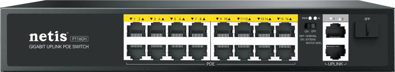 Imagen 1 del producto “Netis Switch POE P116GH - 16 Puertos POE (100 Mbps) y 2 Puertos Uplink (1000 Mbps), 240W, Watch Dog, Plug   Play, 250 Mts de Alcance, No Administrable ”