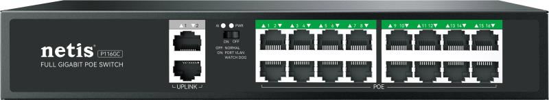 Imagen 1 del producto “Netis Switch POE P116GC - 16 Puertos POE y 2 Puertos Uplink, 240W, 1000 Mbps, Watch Dog, Plug   Play, 250 Mts de Alcance, No Administrable ”