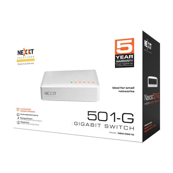 Imagen 1 del producto “Switch Nexxt Essential de 5 puertos Gigabit - 1 Gbps, 110/220 V ”