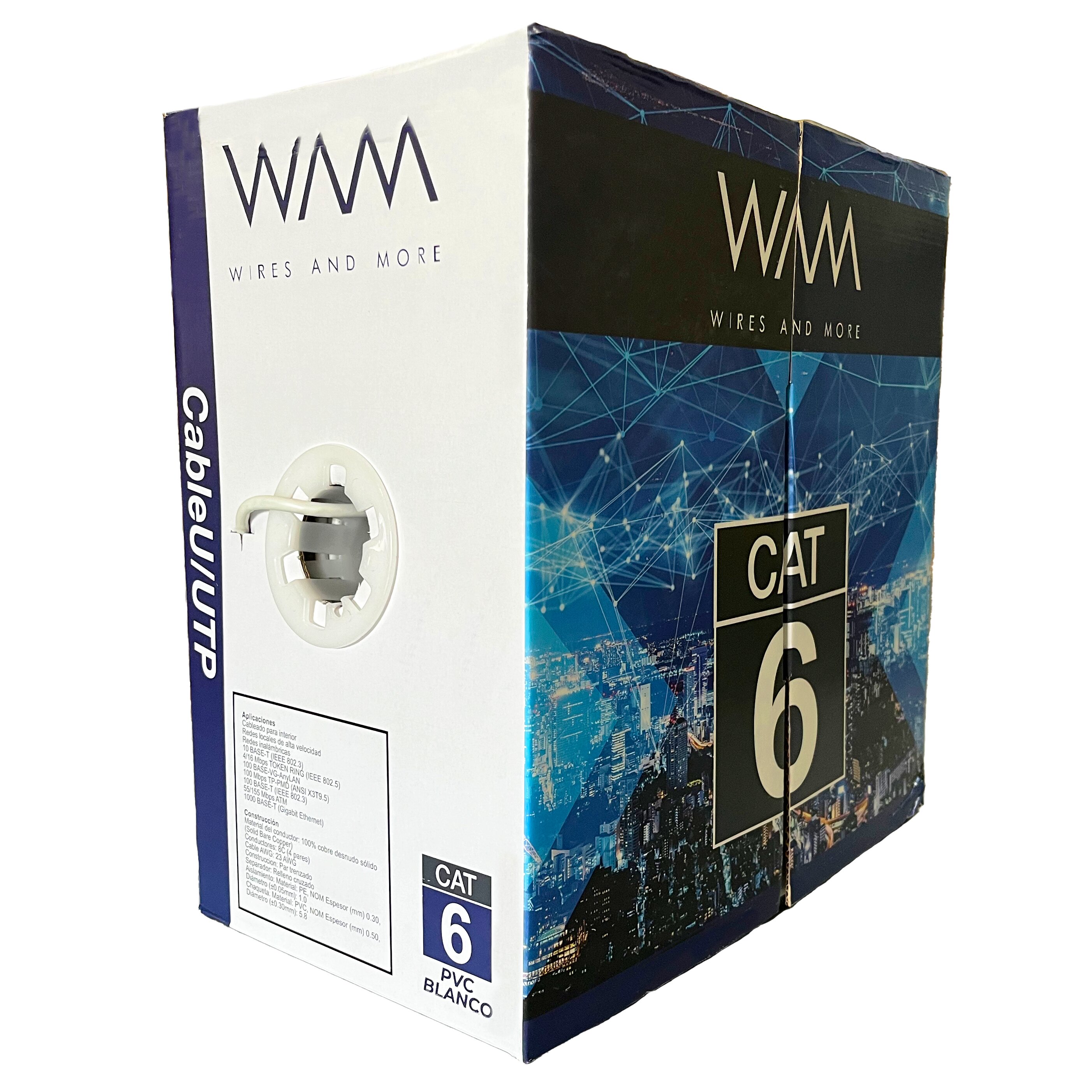 Bobina UTP CAT6 para interior - 4 pares, 23 AWG, bobina de 305 mts, 100  cobre, color blanco