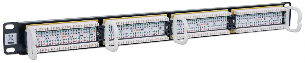 520959 Panel de Parcheo Cat6 24 puertos 1U; Soporta cable trenzado sólido y multifilar de calibres 22 y 26 AWG. -