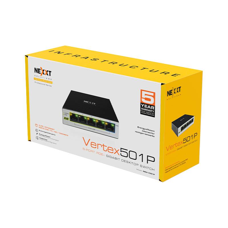 Switch Nexxt Professional PoE+ Gigabit de 5 puertos - 10/100/1000, 65 W máx.